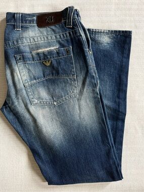 Armani Jeans Men's Distressed Mid-Blue Straight Jeans